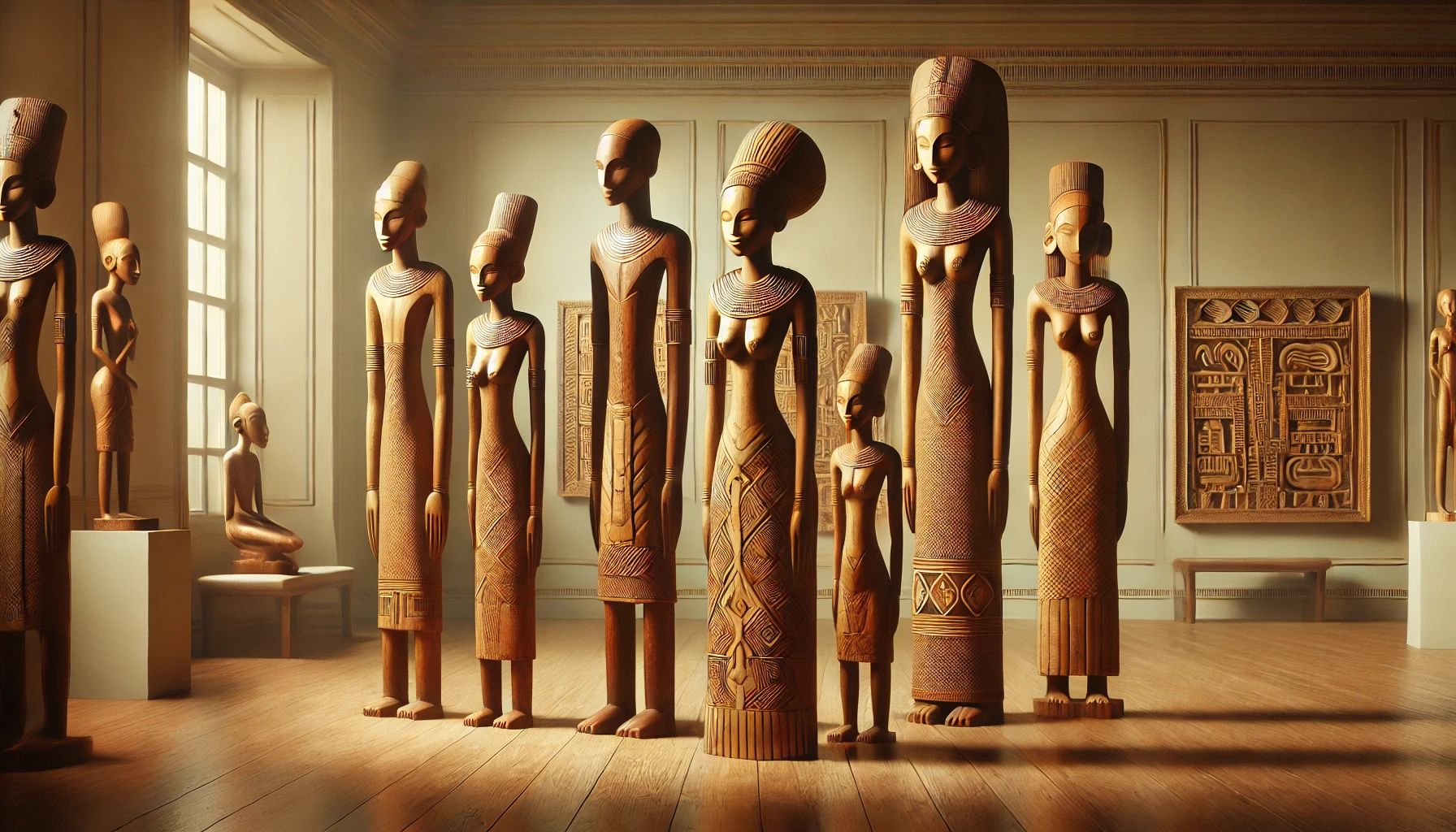 DALL·E 2026-03-01 03.40.00 - A high-resolution cinematic photograph of traditional precolonial African wooden carvings displayed in a refined museum gallery. The artwork features